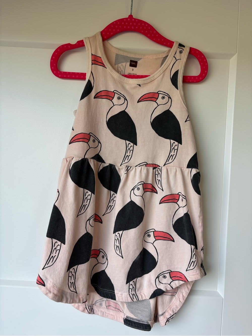 Tea Collection Pink Toucan Sleeveless Dress with Black and Red Accents